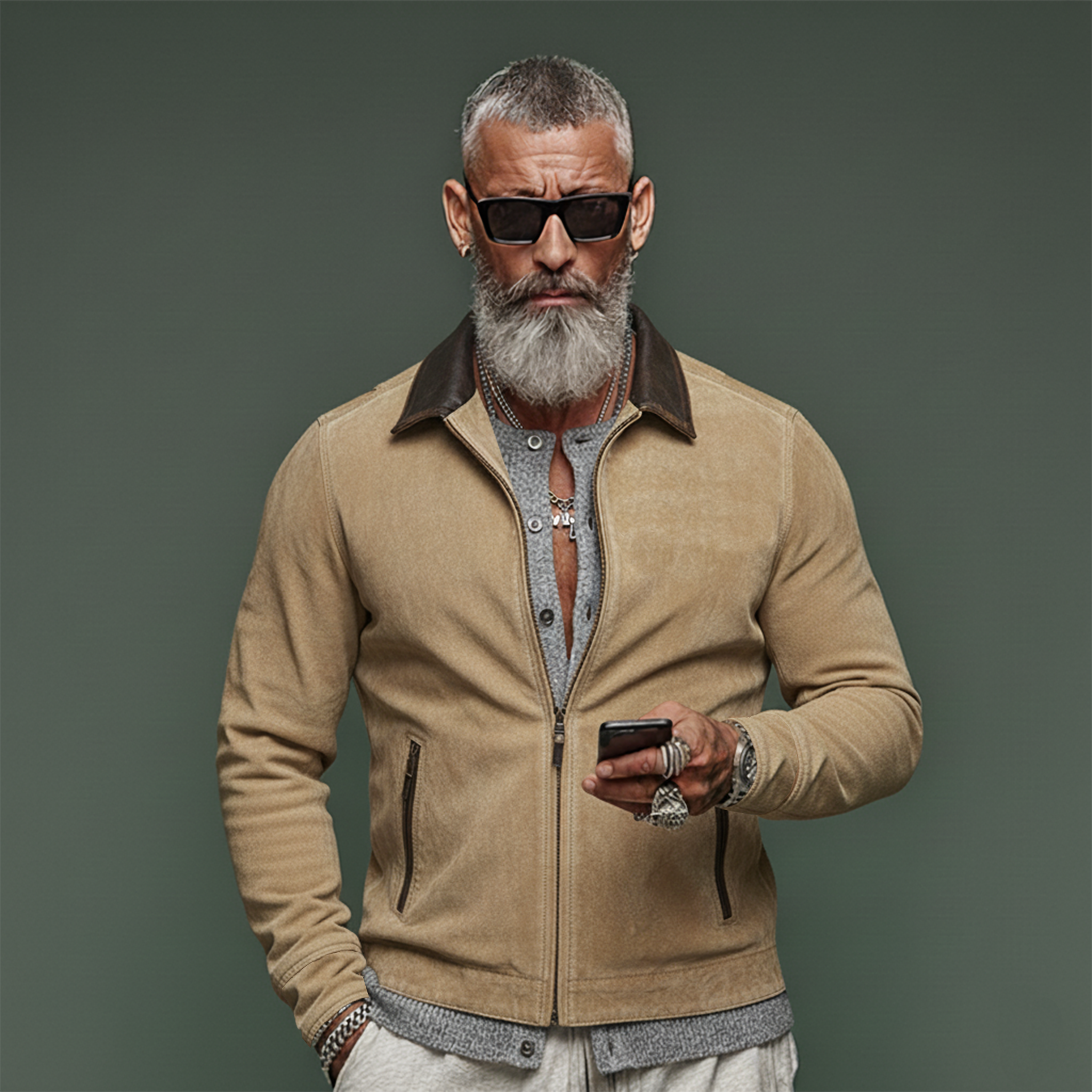 Men's Classic Vintage PU Leather Collar Zip-up Washed Cotton Blend Jacket MTA1791L8K