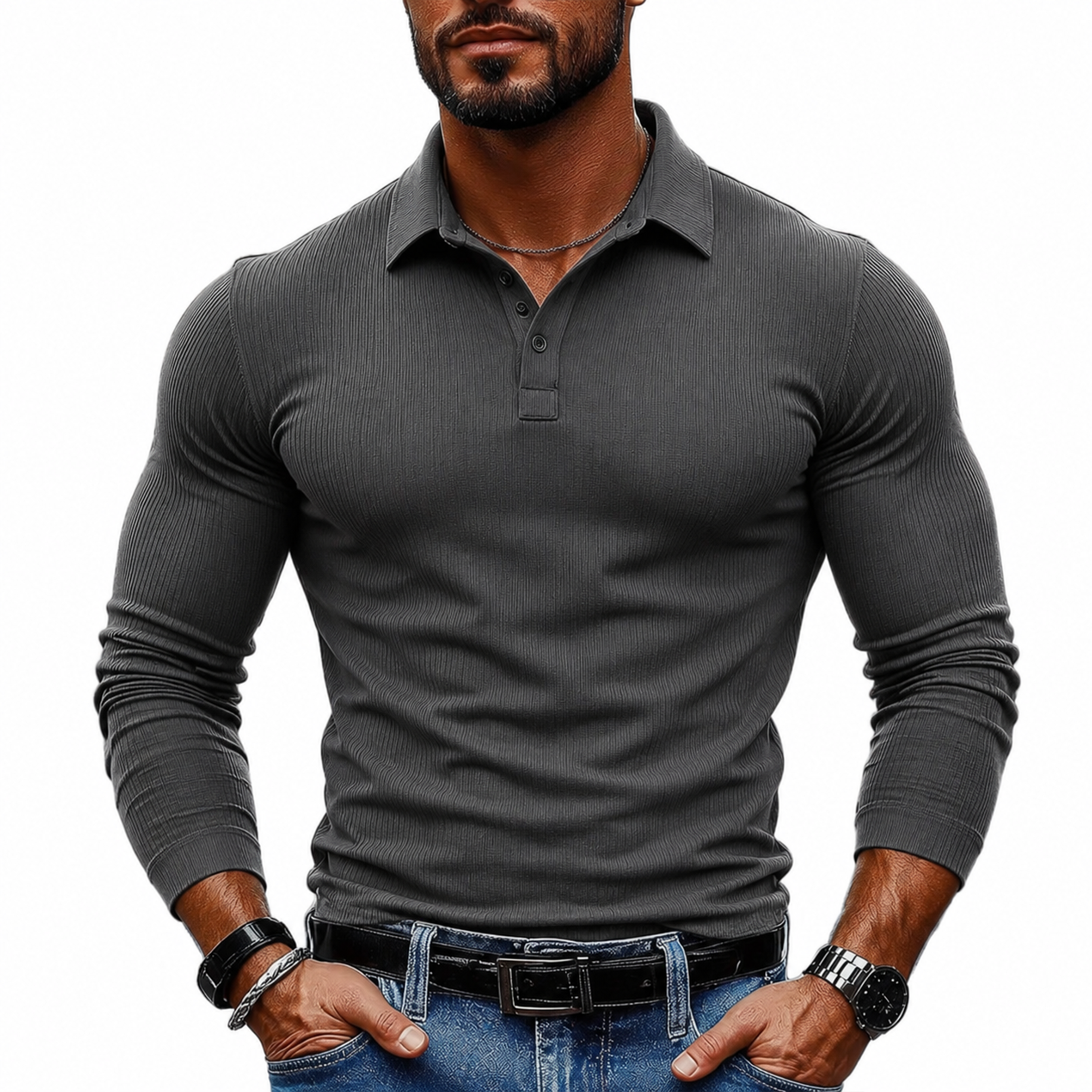Men's Striped Textured Basic Elastic Long-sleeved POLO Shirt MTA1139J2X