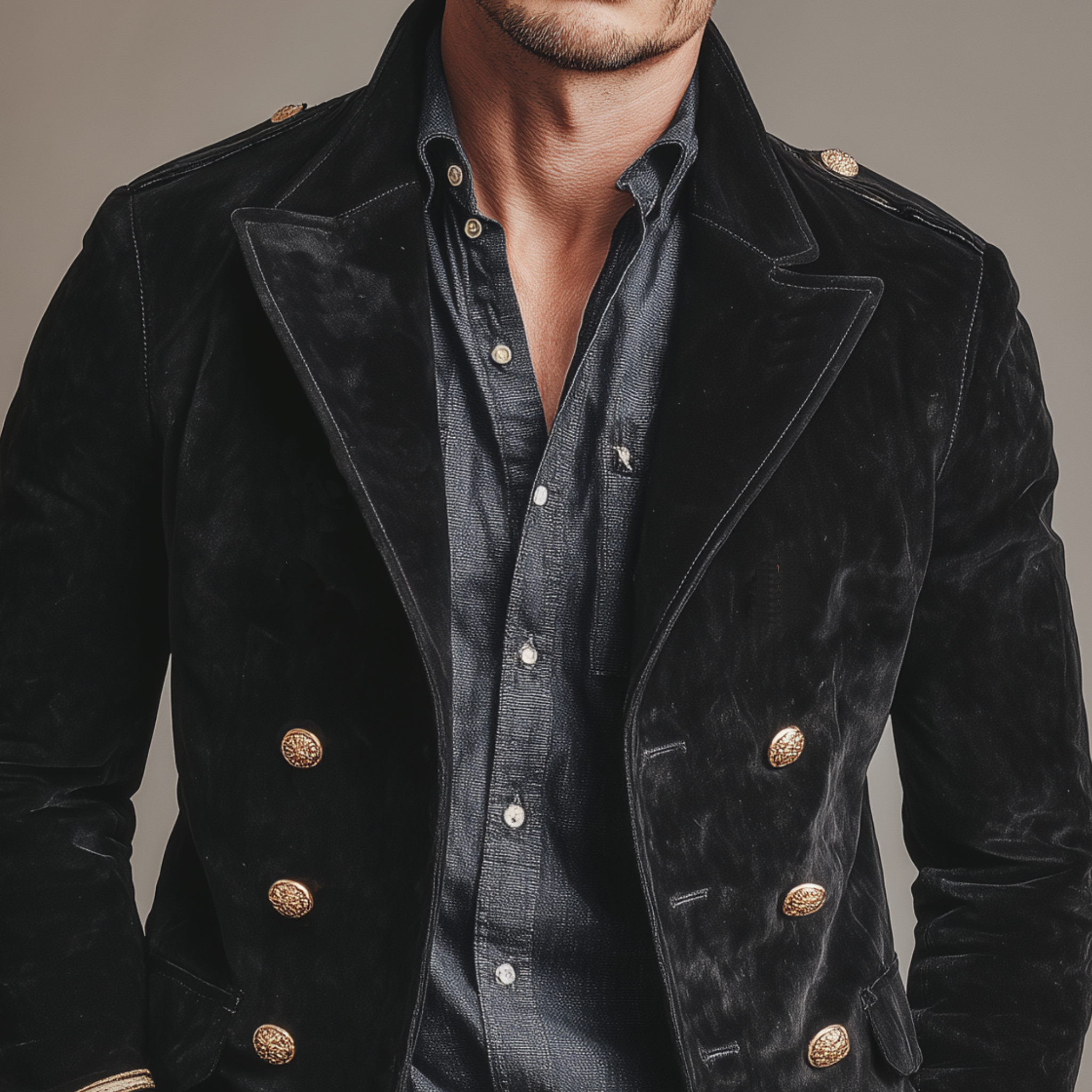 Men's Classic Retro Lapel Double-breasted Epaulette Faux Velvet Jacket MTA1581I5K