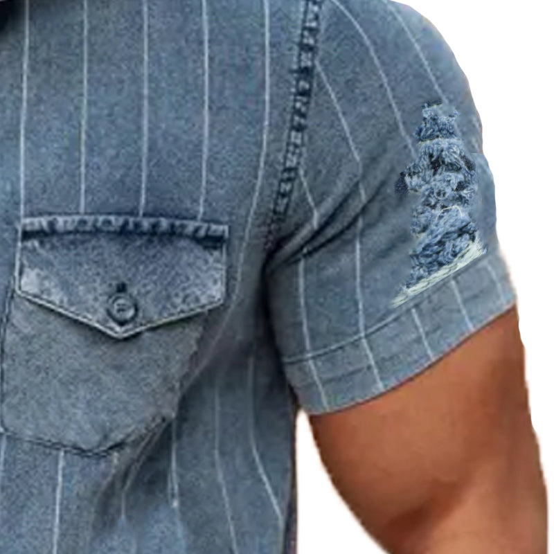 【24-Stunden-Versand】 Herren-Jeanshemd mit zerrissenen Vintage-Streifen und kurzen Ärmeln 13201211Y