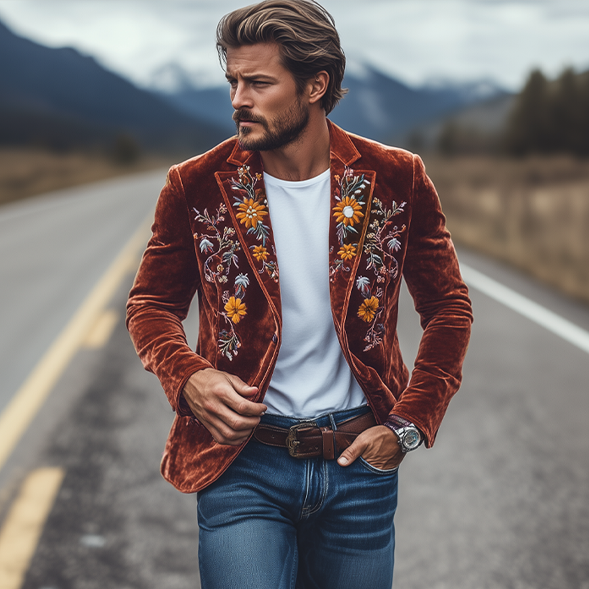 Klassisk retro Slim Fit enkeltspent fløyelsbrodert blazer for menn 43171298K