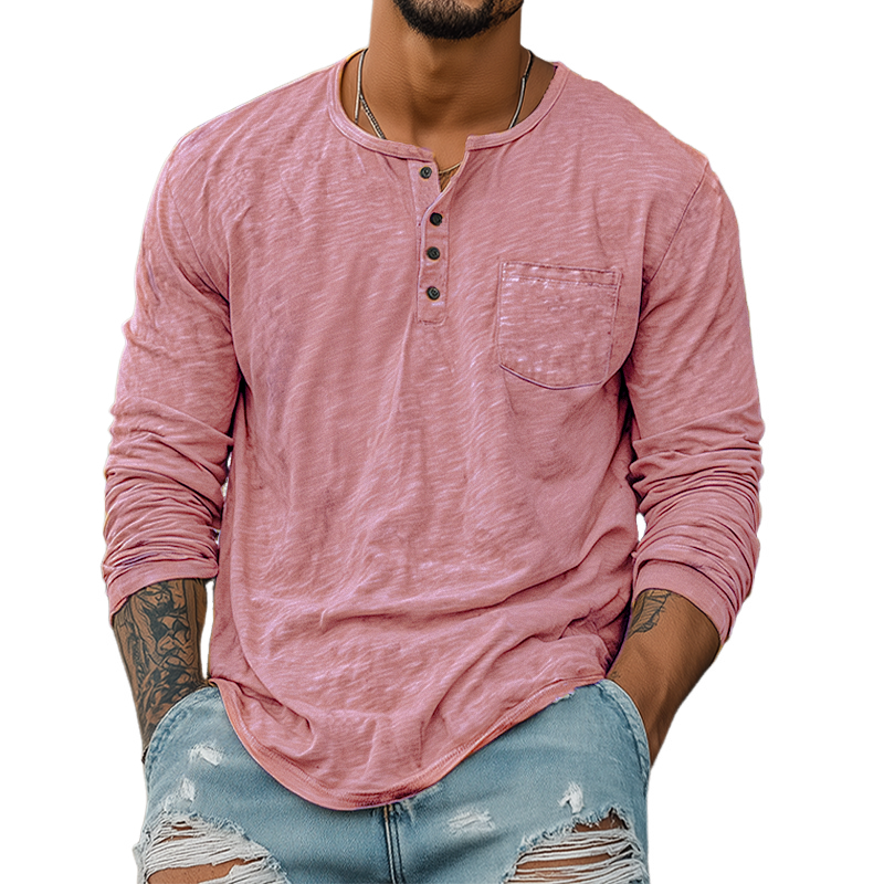 Men's Spring And Summer Casual Tough Style Henry Collar Bamboo Cotton Long Sleeve T-Shirt MTA1676G2K