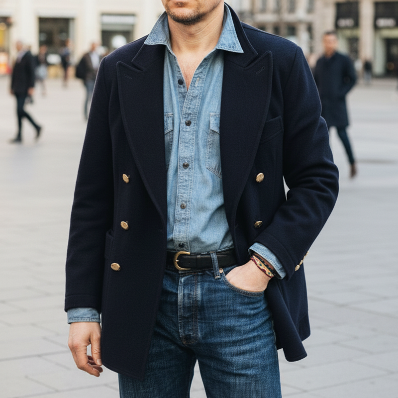 Men's Classic Navy Blue Double-breasted Short Coat MTA2481I2U