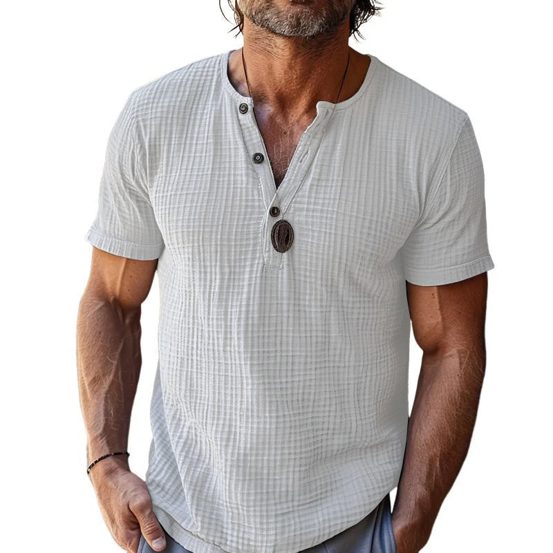 【Expédition 24 heures】T-shirt décontracté à manches courtes et col Henley gaufré pour homme 10629017M