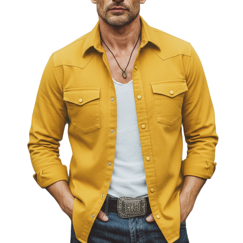 Men's Classic Mustard Yellow 100% Cotton Twill Long-sleeved Shirt MTZ0364B1U