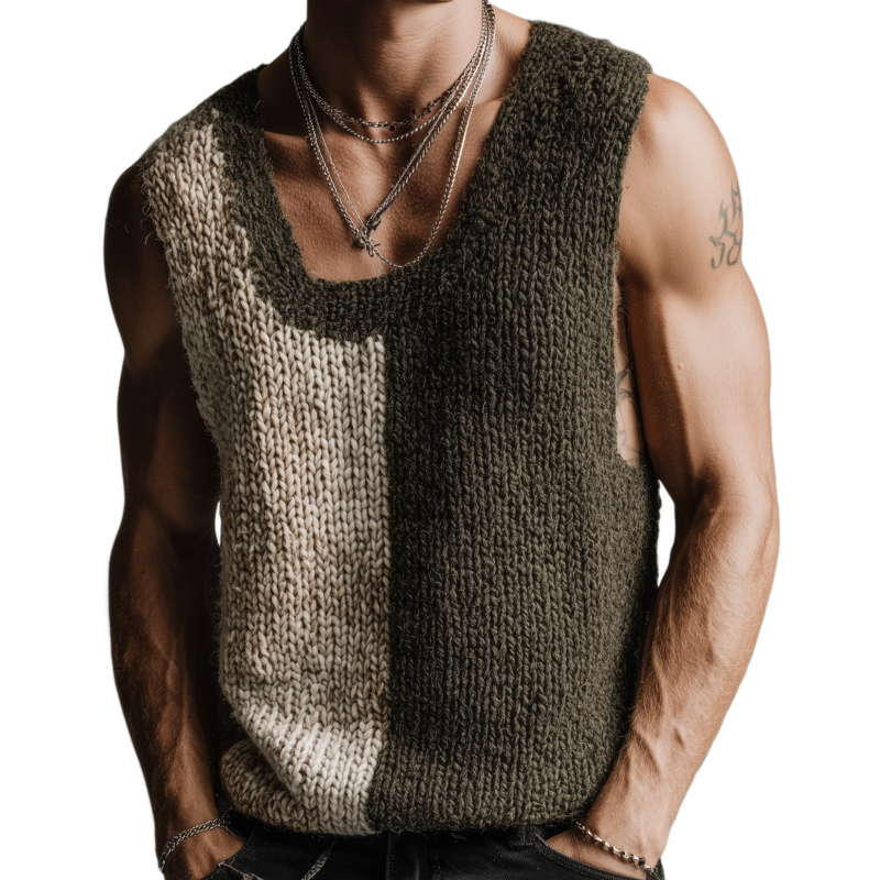 Men's Casual U-neck Contrast Color Slim Fit Breathable Knitted Tank Top MTA1896F2M