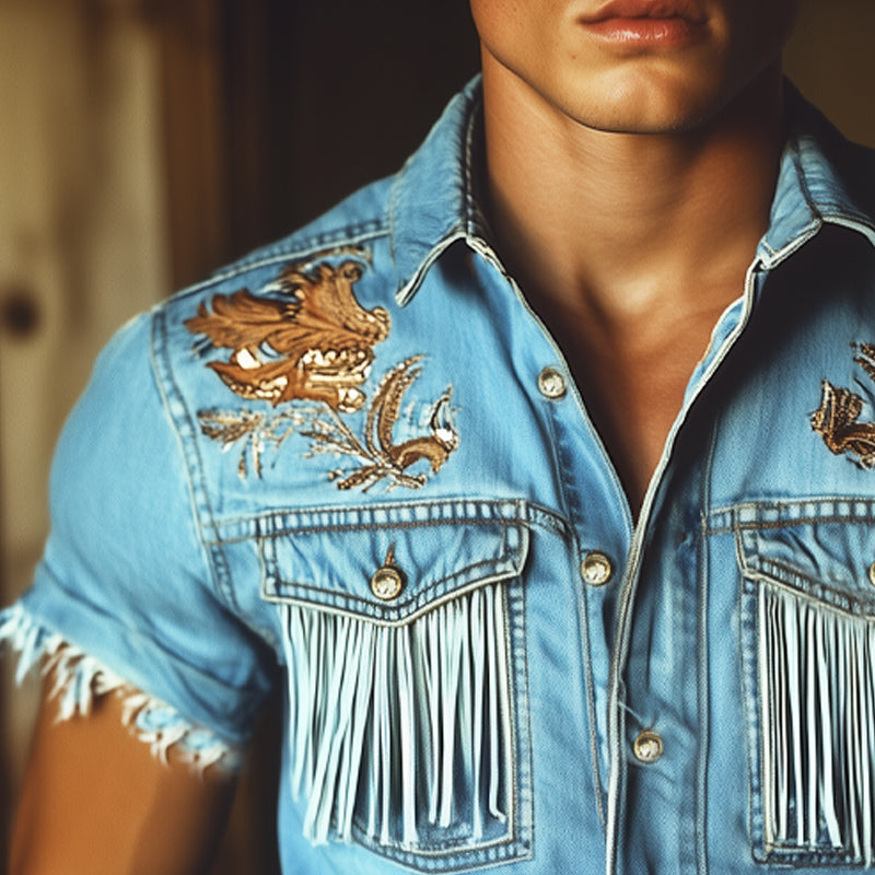 Men's Western Cowboy Style Embroidered Tassel Denim Short Sleeve Shirt MTA1426E5U