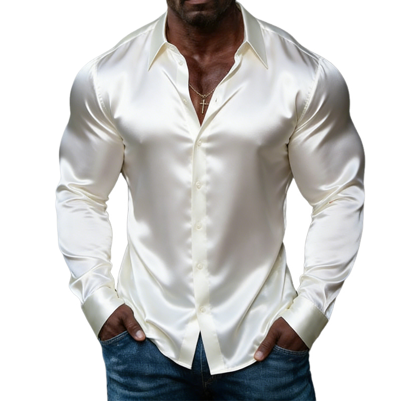 Men's Retro Casual Solid Color Satin Lapel Long-Sleeved Shirt MTZ2724A4TO