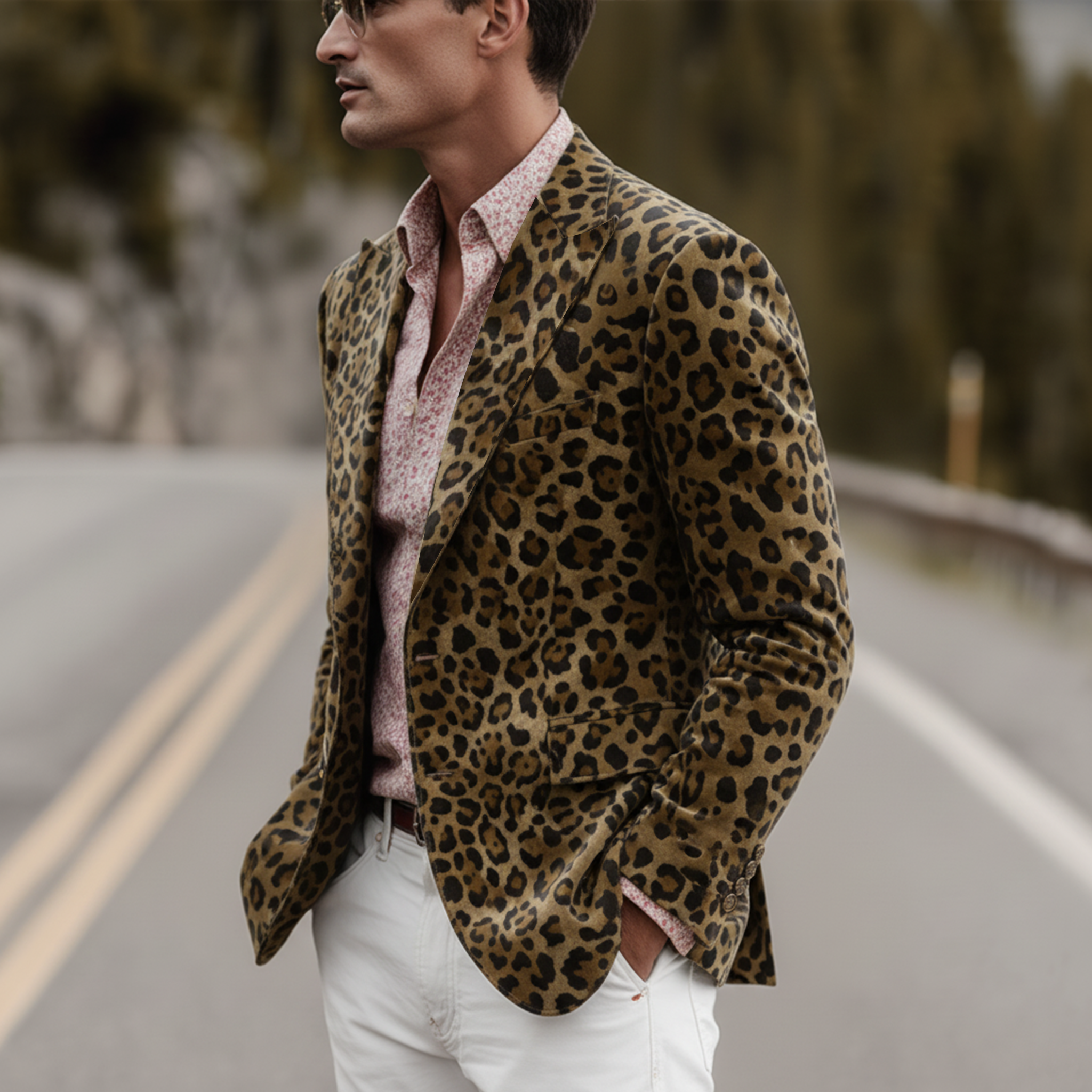 Men's Classic Western Vintage Leopard Faux Suede Single-Breasted Slim-Fit Blazer MTA1803I1K