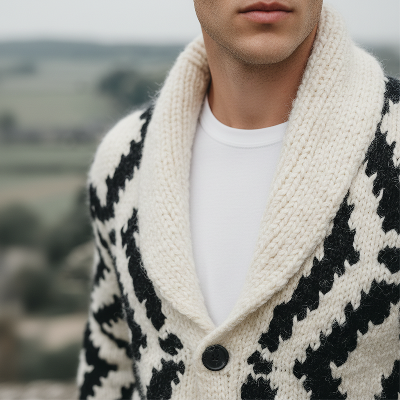 Men's Winter Simple Knitted Jacquard Shawl Collar Cotton Cardigan MTA1678J3P