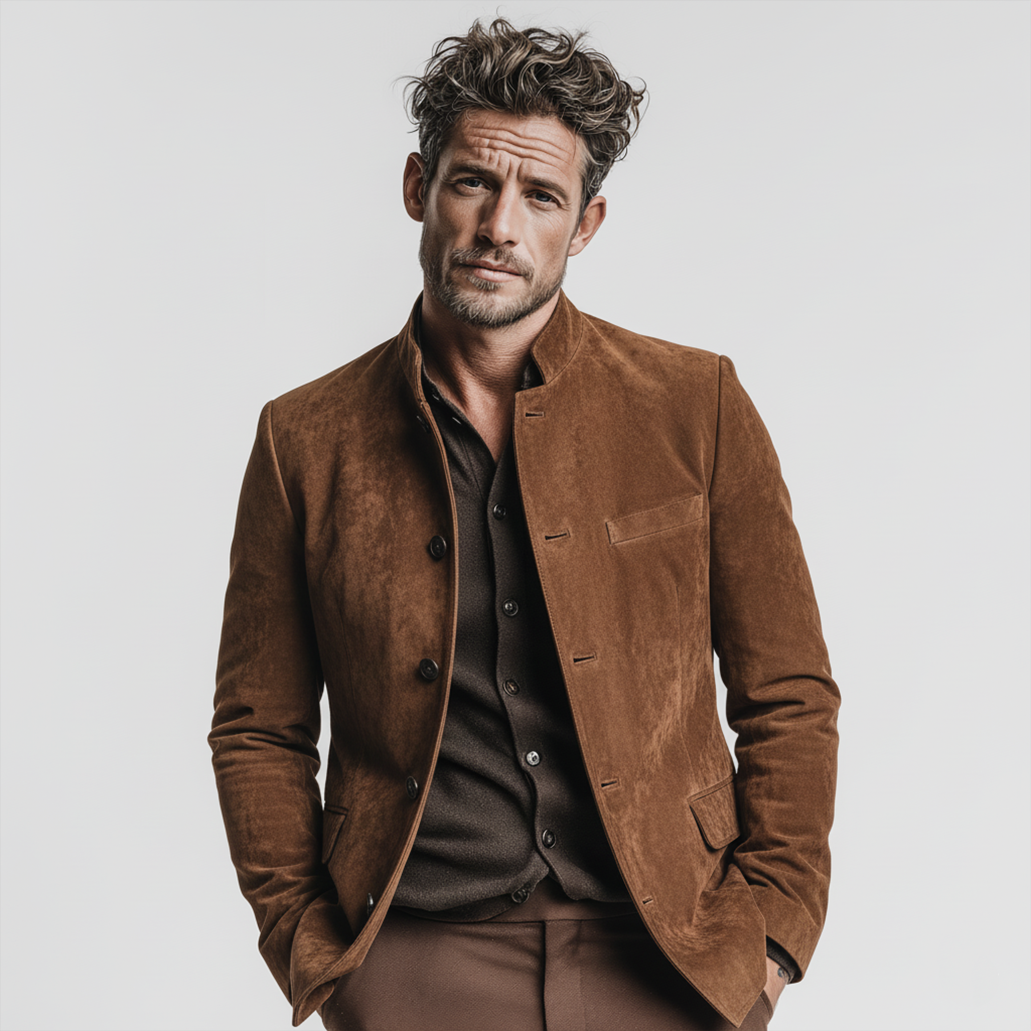 Men's Classic Retro Stand-up Collar Faux Suede Single-breasted Jacket MTA1368K0K