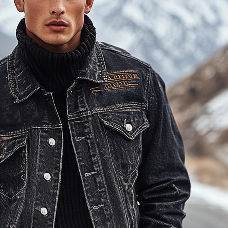 Men's Retro Washed Embroidered Collar Denim Jacket MTA0376K1X