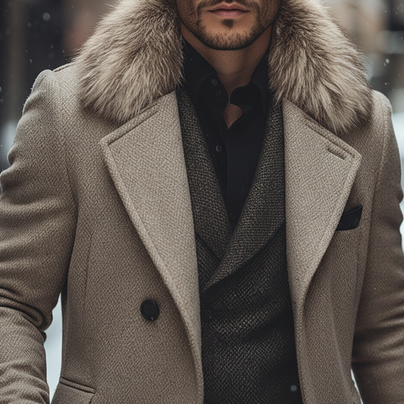 Men's Winter Retro Faux Wool Faux Fur Collar Button Long Coat MTA2793K8P