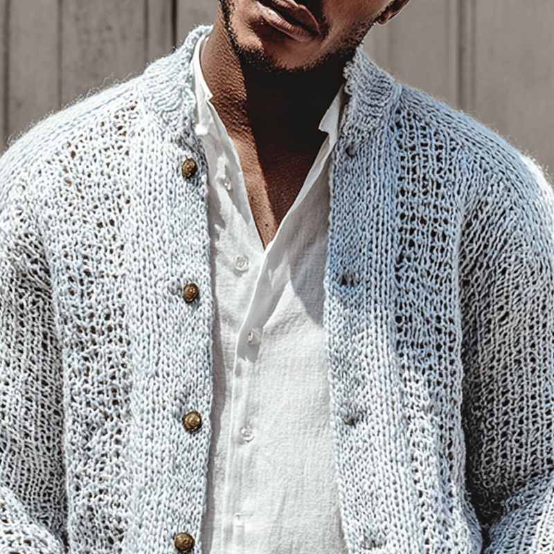Men's Solid Color Openwork Stand Collar Single Br Easted Cardigan MTA0408I6Z