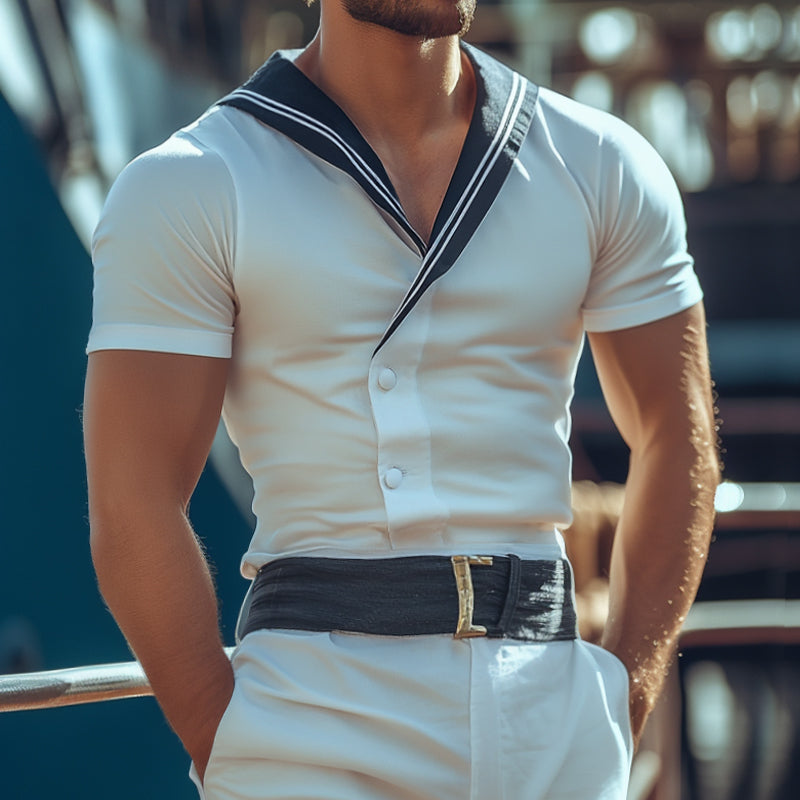 Men'S Retro Casual Sailor Striped V-Neck Short Sleeve Shirt MTA0901E7TO