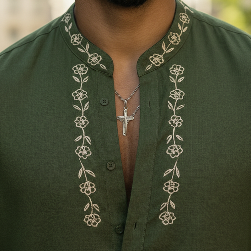 Men's Spring Retro Embroidered 100% Cotton Long-Sleeve Henley Shirt MTZ2241A8P