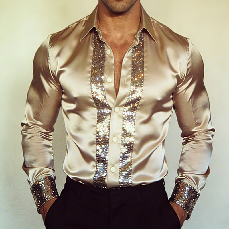 Men's Retro Casual Satin Sequin Patchwork Lapel Long-Sleeve Shirt MTA1729L6TO