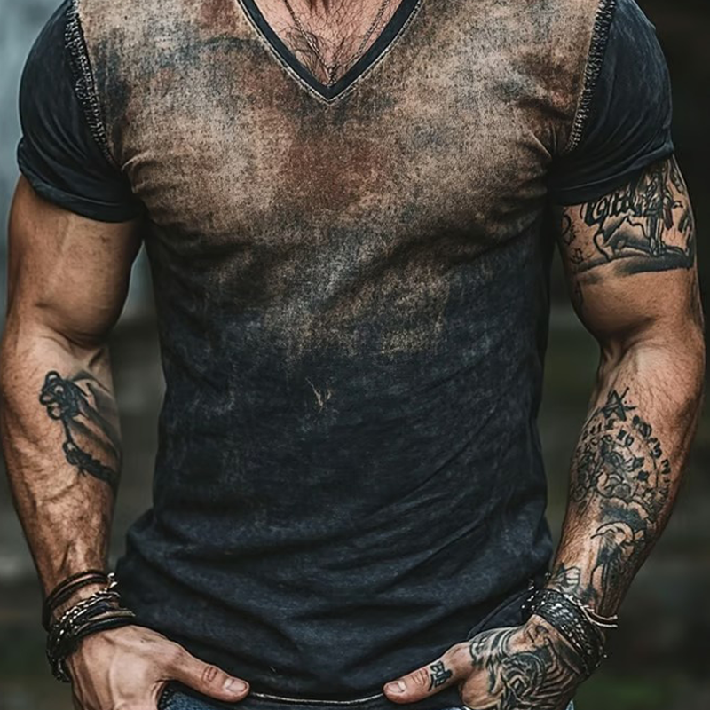 Men's Retro Gradient Print V-Neck Short Sleeve T-Shirt MTA2374F8X
