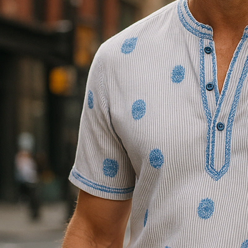 Men's Summer Fashion Solid Color Embroidery Cotton Blended Short Sleeve Shirt MTA2336E5P