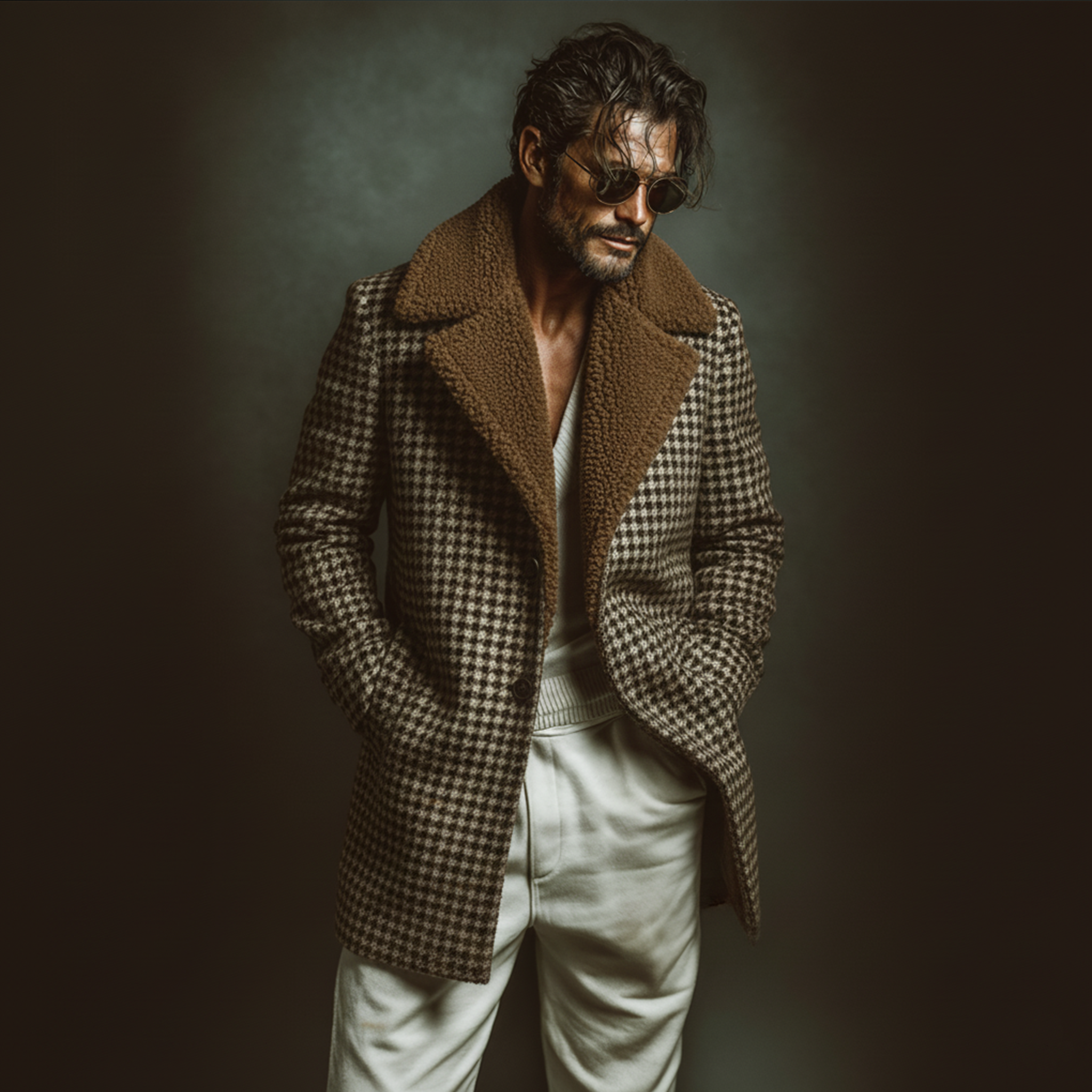 Men's Classic Retro Fleece Lapel Faux Houndstooth Wool Blend Thigh-length Coat MTA3152J1K