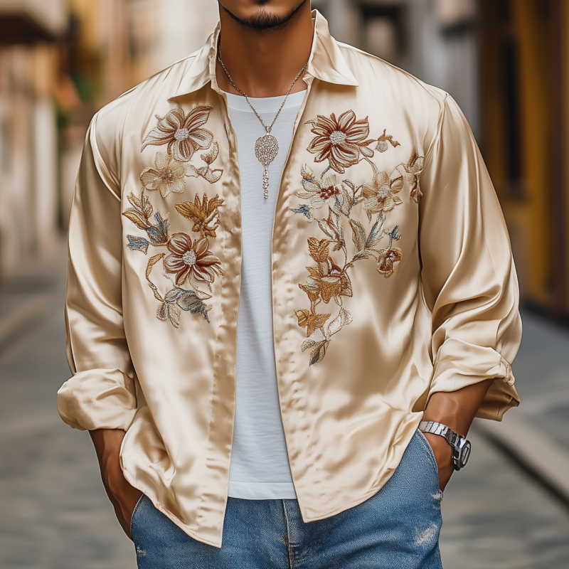 Men's Vintage Elegant Flower Embroidery Satin Lapel Stand Collar Loose Long Sleeve Shirt MTA1652F5M