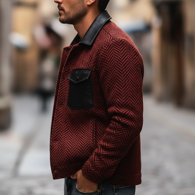 Men's Classic Urban Herringbone Faux Wool Patchwork PU Leather Jacket MTA1813K0U