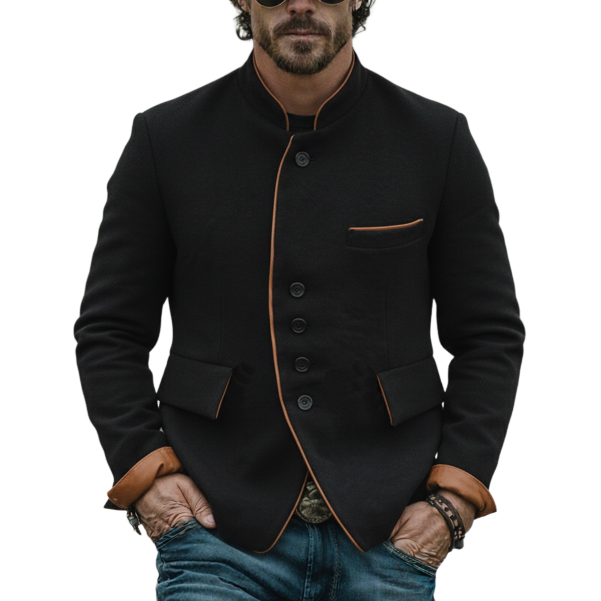 Men's Classic Vintage Western Style Stand-collar Faux Wool Single-breasted Jacket MTA0555L6K