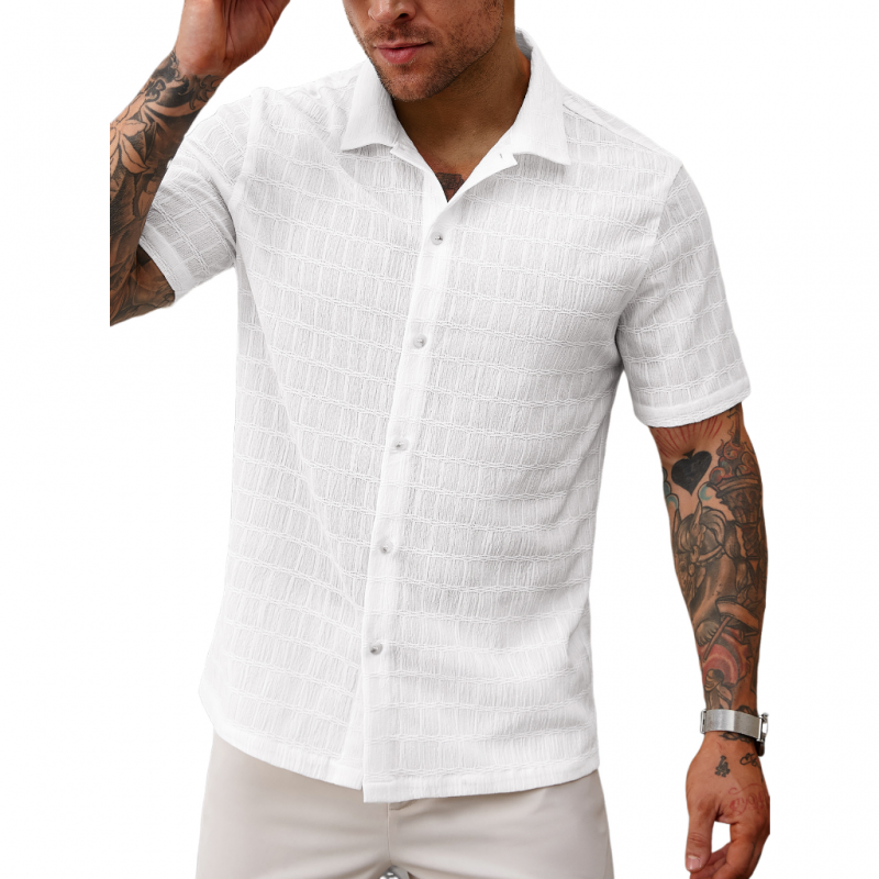 Men's Casual Lace Pleated Texture Lapel Slim Short Sleeve Shirt MTA2669E2M