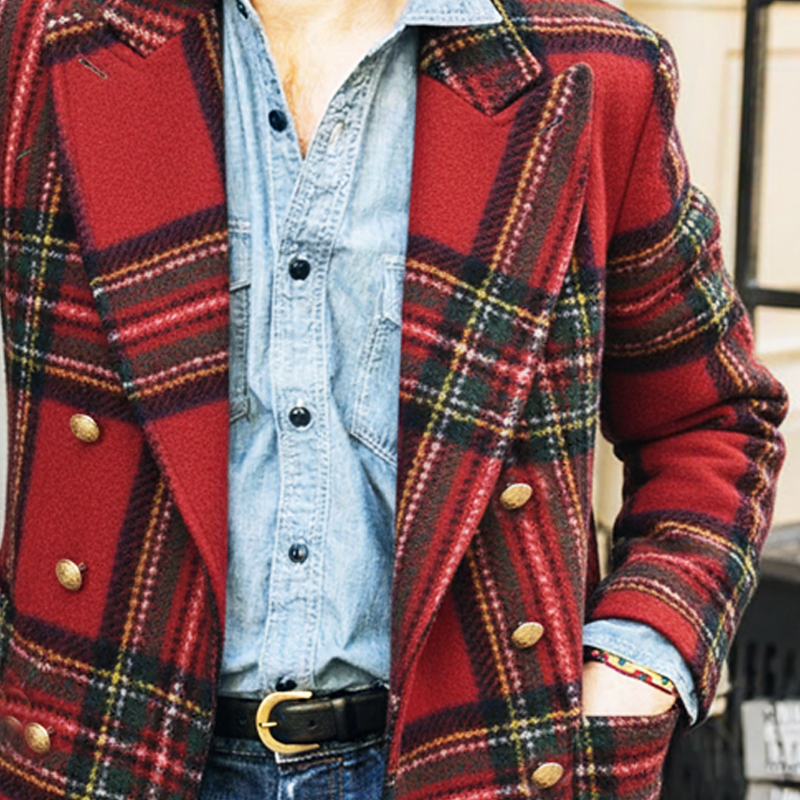 Men's Autumn And Winter Classic Plaid Double-breasted Short Coat MTA3079I4U