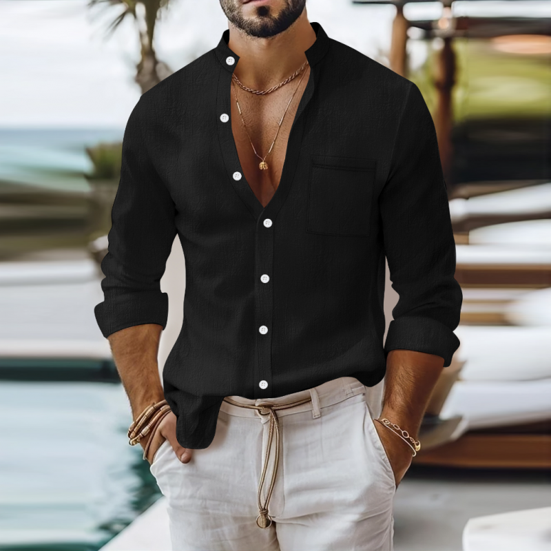 Men's Casual Breathable Solid Color Cotton Linen Stand-up Collar Patch Pocket Slim Fit Long Sleeve Shirt MTA0781G1M