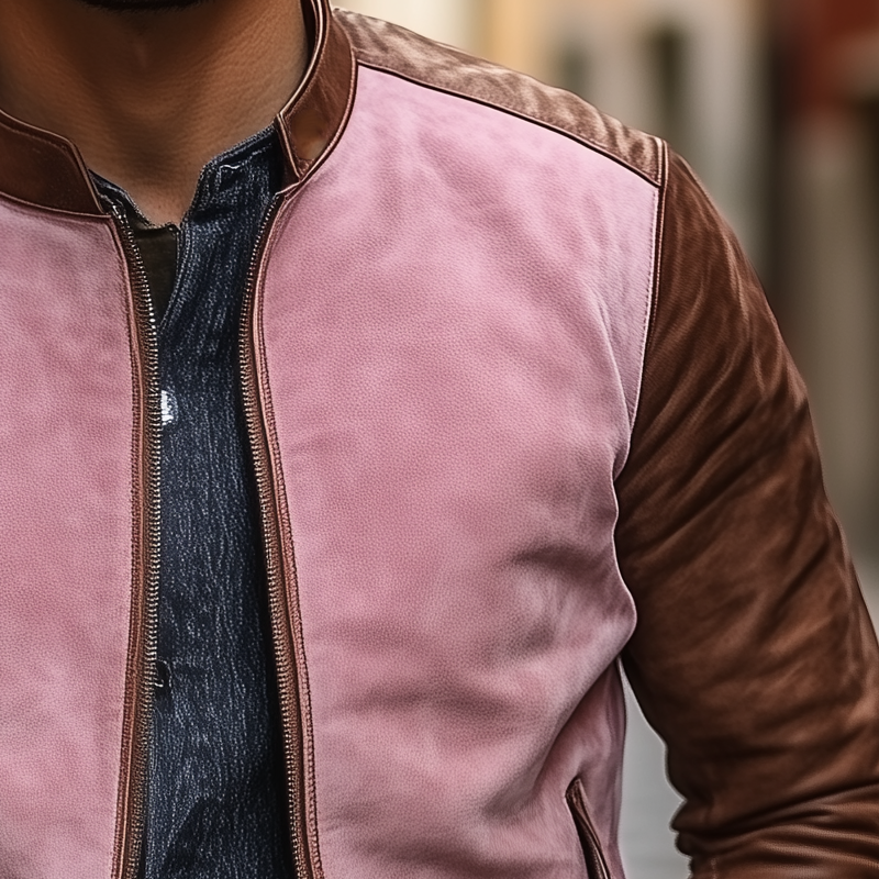 Men's Contrast Color Stand Collar PU Leather Zipper Jacket MTA2665H1X