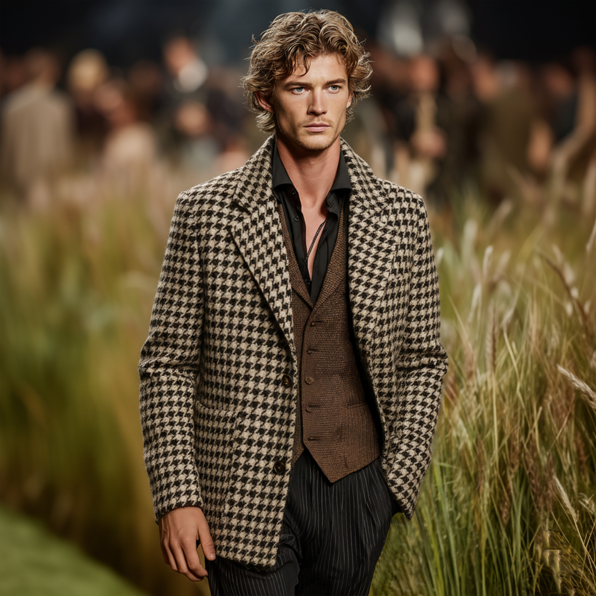 Men's Classic Business Casual Faux Houndstooth Wool Single-breasted Coat MTA3040J1K