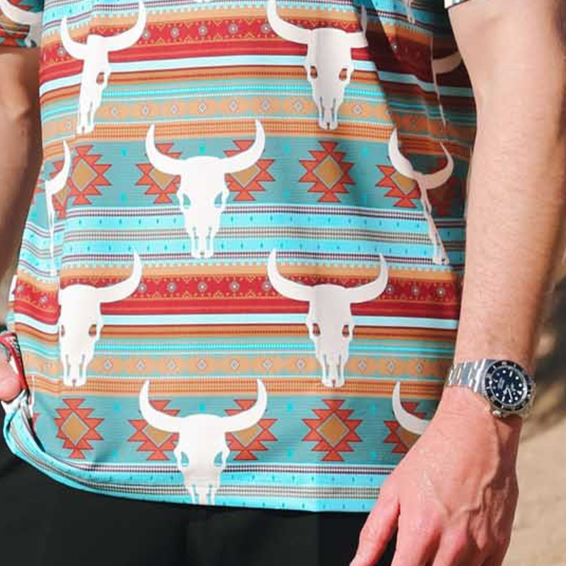 Men's Western Cowboy Style Printed Short-Sleeved Polo Shirt MTA2662F8X