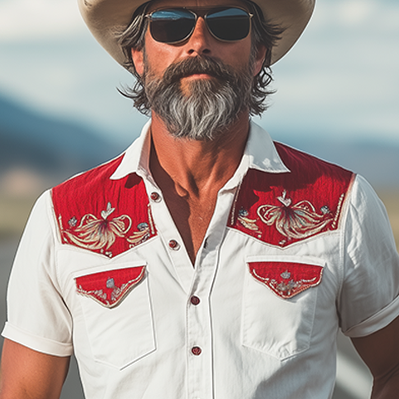 Men's Spring And Summer New Fashion Retro Western Cowboy Style Cotton Blended Stitching Cotton And Linen Embroidery Slim Lapel Short-Sleeved Shirt MTA0937E2K