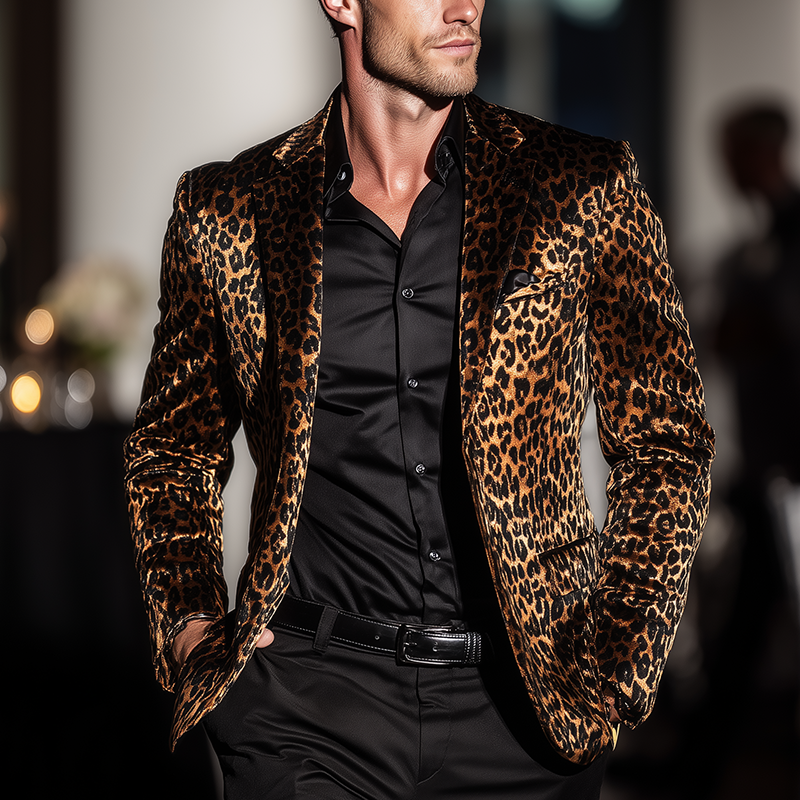 Men's Winter Retro Leopard Print Velvet Shiny Suit MTA0490I5P