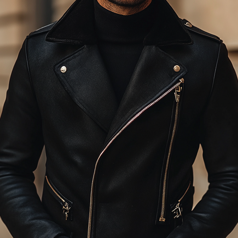 Men's Solid Color Slim Fit PU Zipper Motorcycle Jacket MTA2864K7X