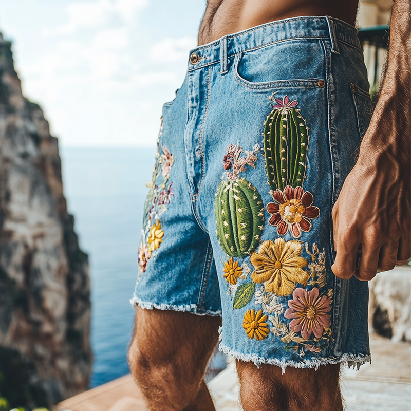 Men's Summer Fashion Italian Sicily Style Washed Denim Embroidered Trousers Hem Casual Shorts MTA1011F8K