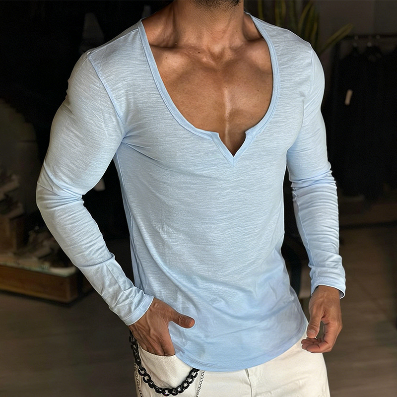 Men's Retro Casual Round V-Neck Long-Sleeve T-Shirt MTZ0542B5TO