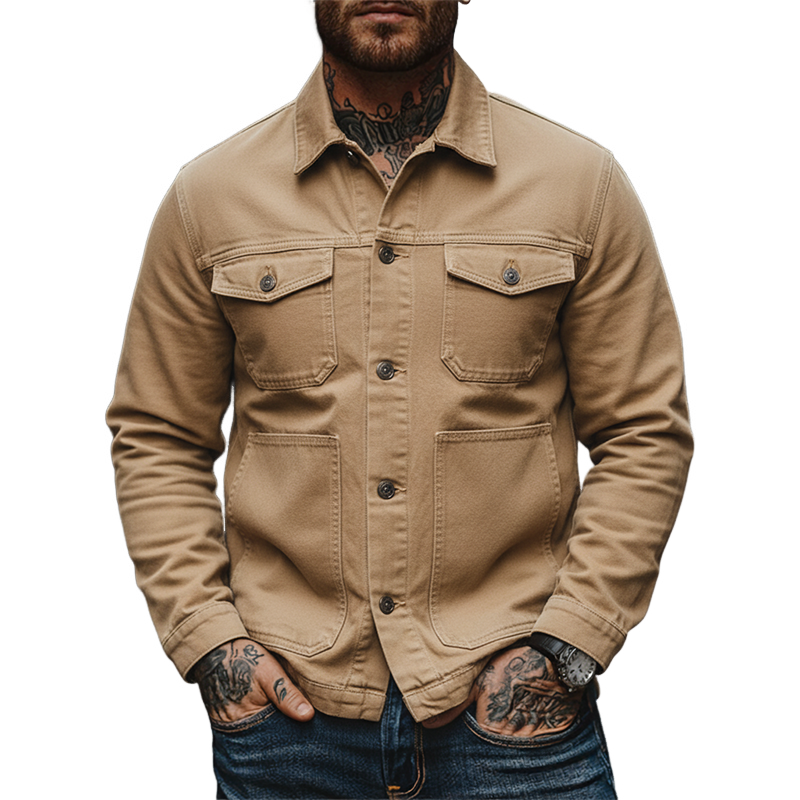 Men's Solid Color Canvas Cotton Lapel Multi-pocket Jacket MTA1908K5X