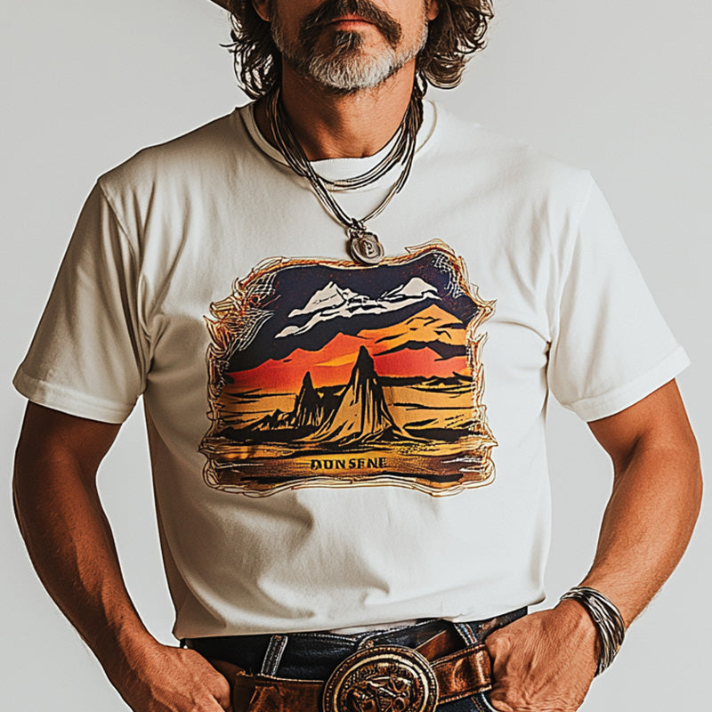 Men's Summer Western Cowboy Style Printed Cotton Blended Short Sleeve T-Shirt MTA2969D8P