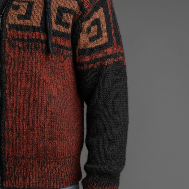 Men's Winter Retro Contrast Color Knitted Jacquard Cotton Yarn Hooded Cardigan MTA2346J1P