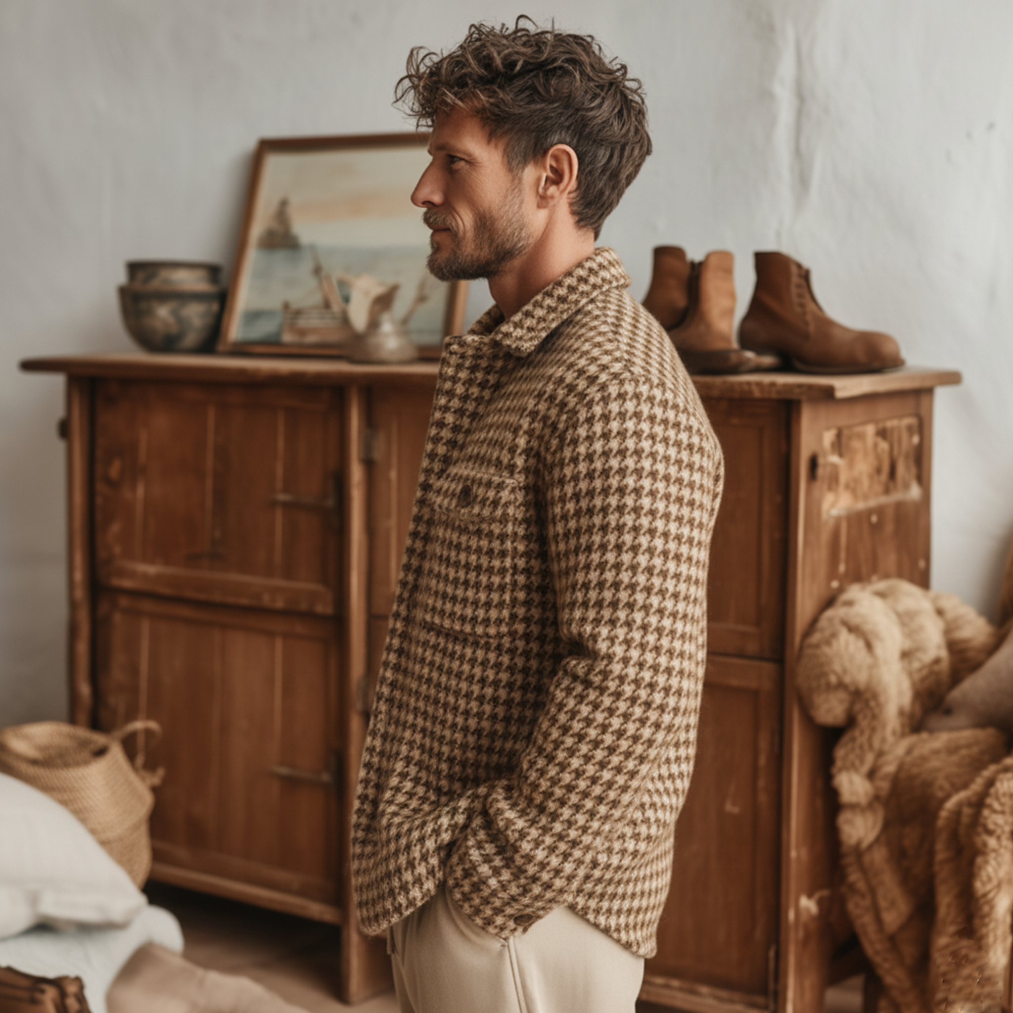 Men's Classic Casual Faux Houndstooth Wool Shirt MTA2742J7K