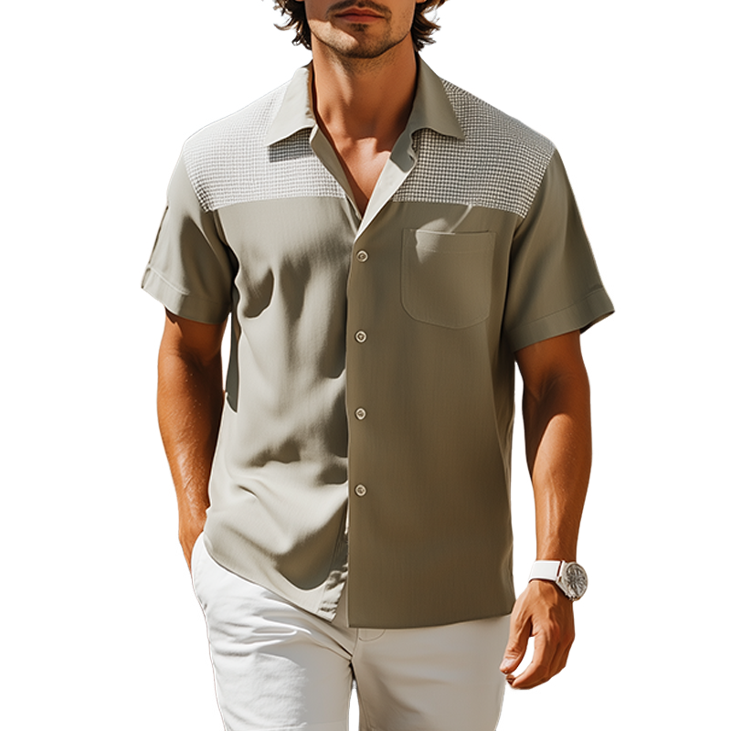 Men's Spring And Summer Fashion Casual Lyocell Tweed Short Sleeve Shirt MTA2170F7K