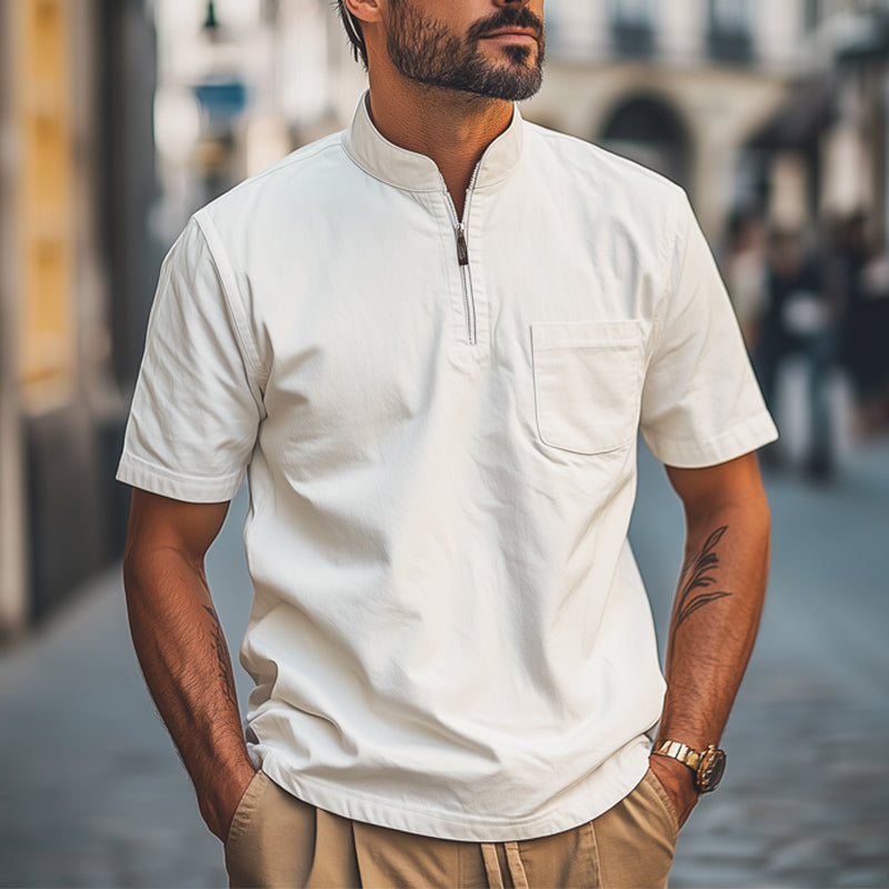 Men's Summer Classic Solid Color Stand Collar Half Zip Short Sleeve T-Shirt MTA2473E8U