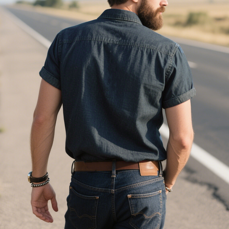 Men's Summer Fashion Classic Retro Western Cowboy Style Embroidered Denim Short-sleeved Shirt MTA2898D2K