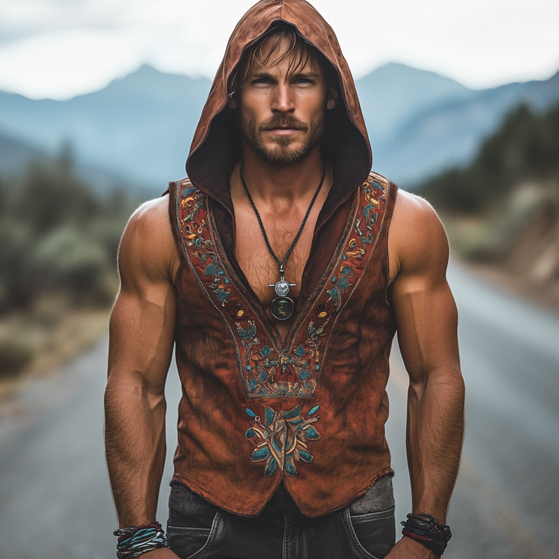 Men's Summer Western Cowboy Style V-Neck Embroidered Hooded Tank Top MTA1592E7U