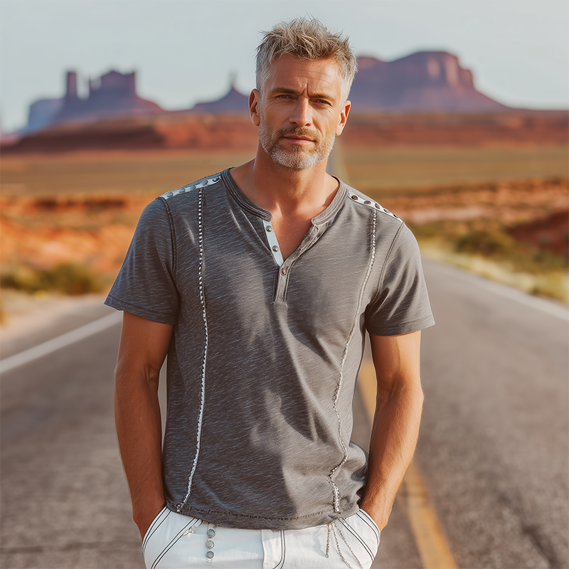 Men's Spring And Summer Fashion Cotton Blended Shoulder Decoration Rivet Henley Neck Short Sleeve T-Shirt MTA0532G9K