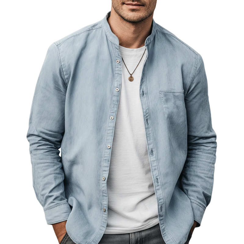 Men's Classic Light Blue Faux Suede Long-sleeved Shirt MTZ2825A3U