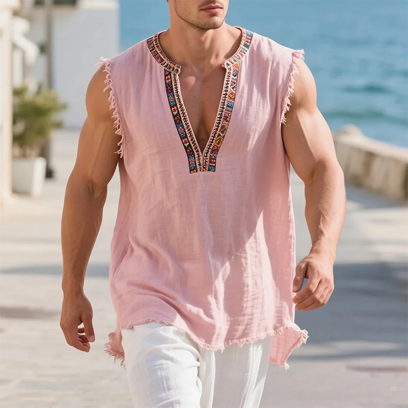 Men's Cotton And Linen Embroidered V-neck Sleeveless Raw Edge Tank Top MTA0423G9Y
