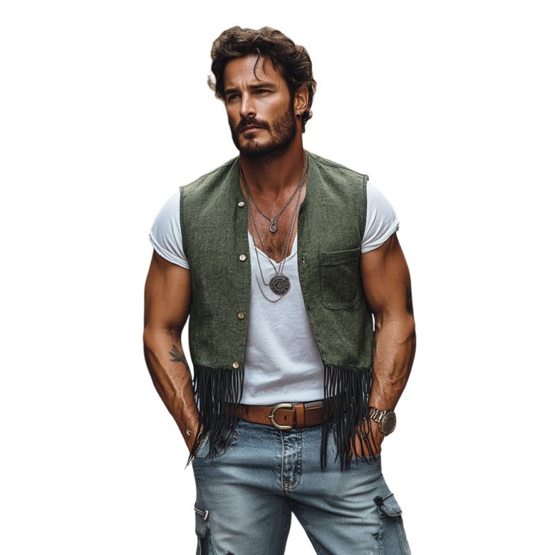 Men's Bohemian Linen Round Neck Single Breasted Patch Pocket Tassel Paneled Vest MTA2120E4M